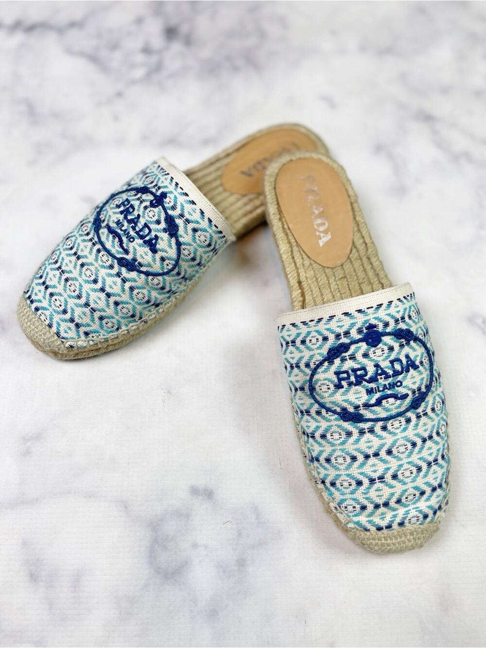 Prada Nastro Embroidered Logo Espadrille Mules Jacquard Canvas Slip-On Sz 39 / 9